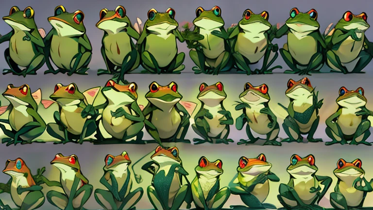 A lot of frogs, multiple poses and expressions,