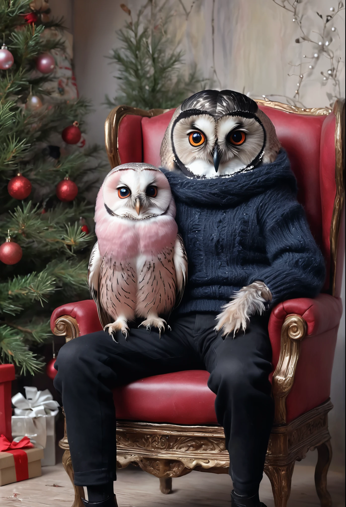 realism, picture, Fantastic tale, Christmas style, John Tolkien style, Small painting by Jean-Baptiste Monge, Rocker owl hugs rocker swallow, soft facial features, sitting in a chair with flowing black hair , Straight hair , near the Christmas tree, soft facial features, Wearing trousers, Wearing a sweater, With light makeup, dark pink lips, lip shape"pearl" ,"curved eyebrows in the shape of Engriberts, Blue eyes, heavy-lidded eye shape, human hand, Human hand, very clear without flaws with five fingers,Черные длинные Straight hair ,, In a short red sweater, in black trousers,mischievous character, a fireplace, Christmas tree, present, Jean-Baptiste Monge, anthropomorphic --ar 2:3 --testp - optimistic; Straight hair