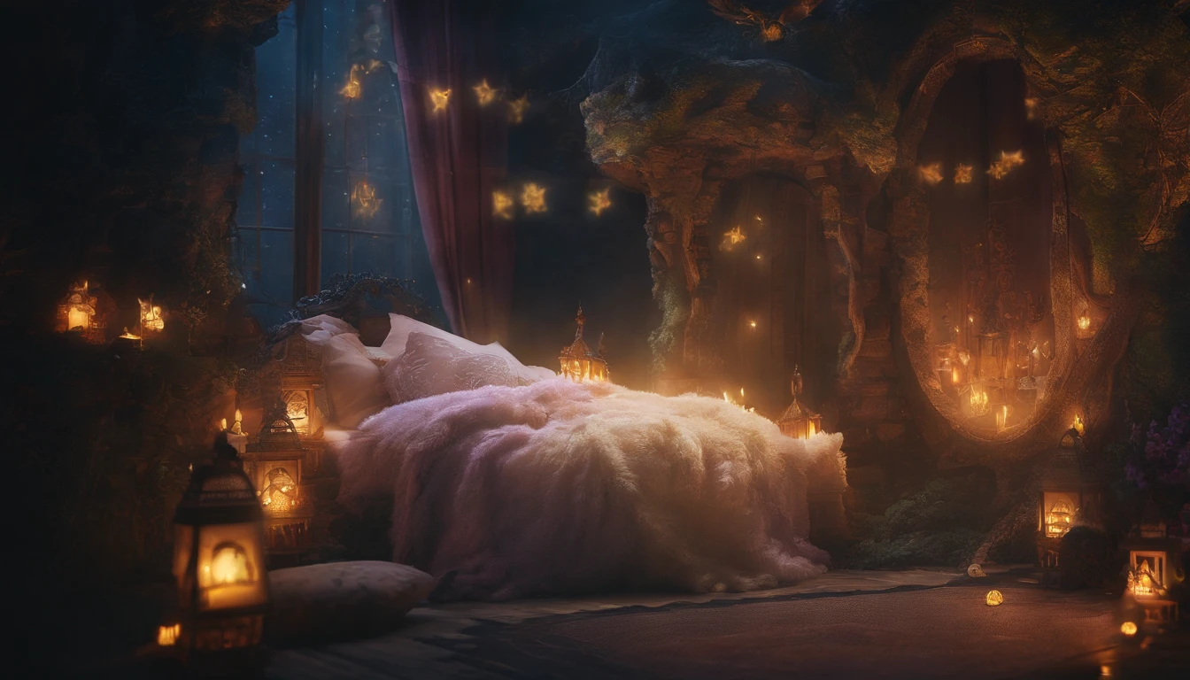 Zoom in on rustic pillows, midnight, soft light from natural light fixtures, a fantastic and mysterious atmosphere, the ultimate relaxing space, very realistic、photograph、one person perspective、super detail、high detail、high quality、8K、