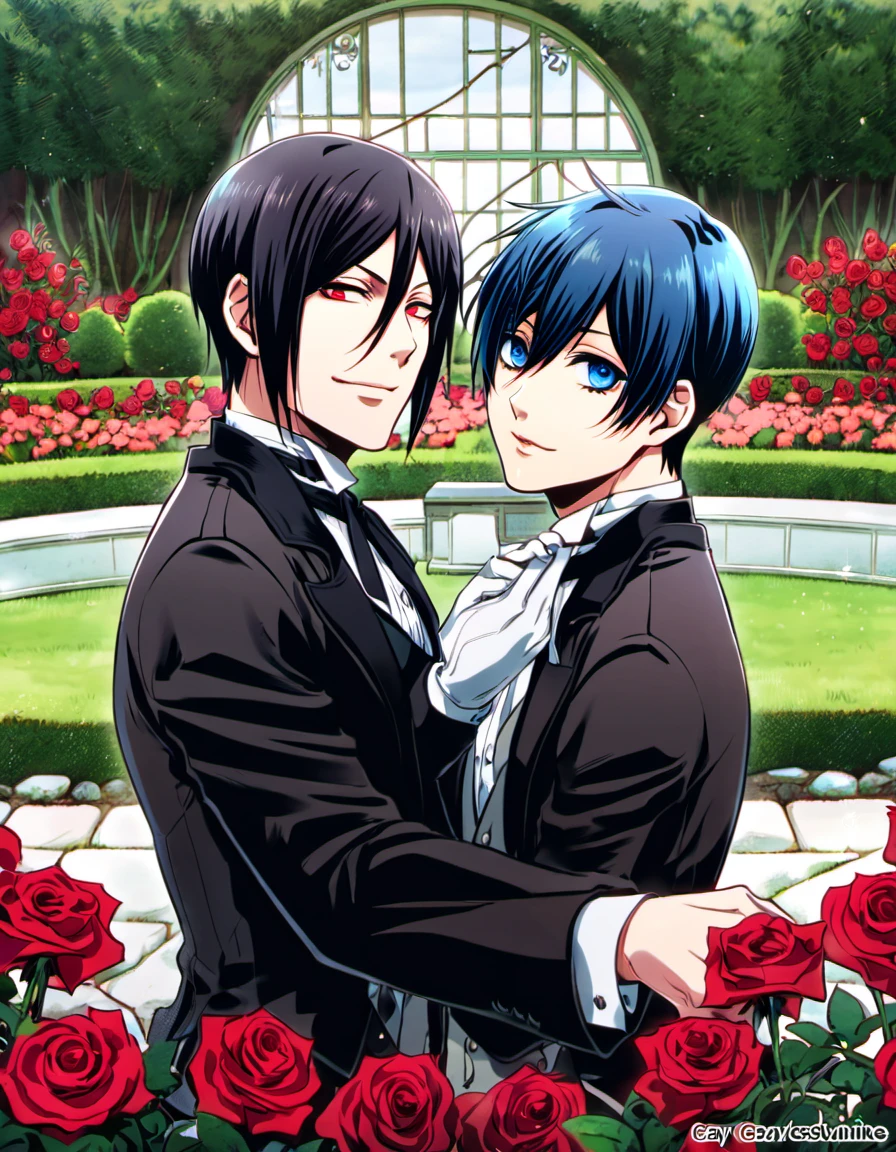 Ultra detailed, highres, absurdres, HDR, Sebastian Michaelis, black hair, red eyes, Ciel Phantomhive, blue hair, blue eyes, Kuroshitsuji, handsome, white gloves, garden, red petals, red roses, black butler clothes, 2 men together, gay couple