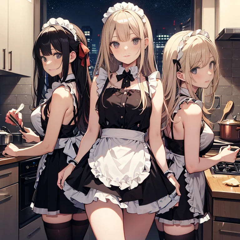 A group of maids, (in kitchen), various hair styles, harem, wearing maid clothes, night, details face, short skirt, seducing, sleeveless
