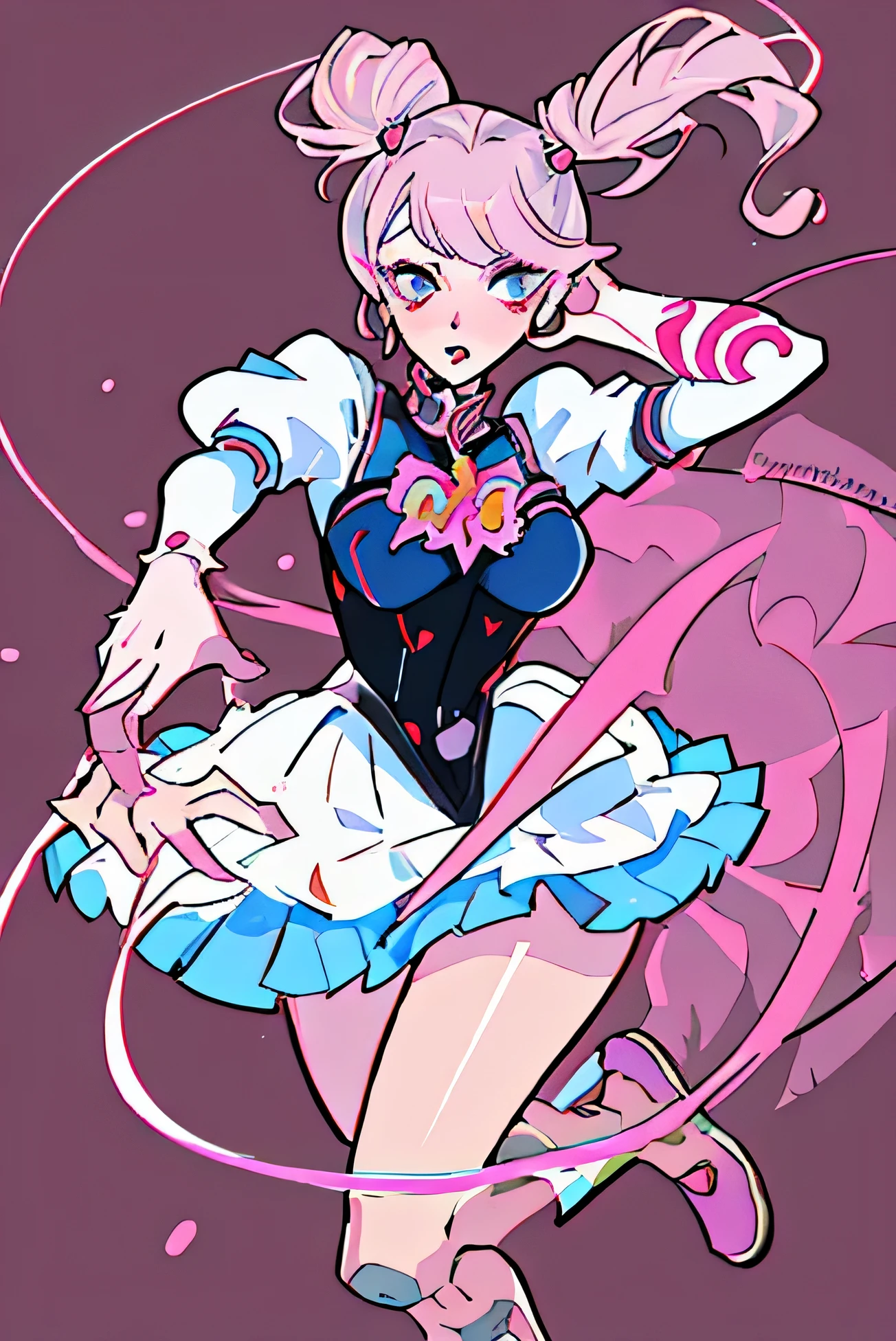 masterpiece, best quality, alisab, multicolored hair, hair flower, dress, cleavage, detached sleeves, white gloves, short shorts, asymmetrical legwear, cowboy shot, standing, looking at viewer, DisembodiedHead, holding head, headless, futuristic city <lora:alisab-nvwls-v1-000010:0.9> <lora:DisembodiedHeadV2:1>