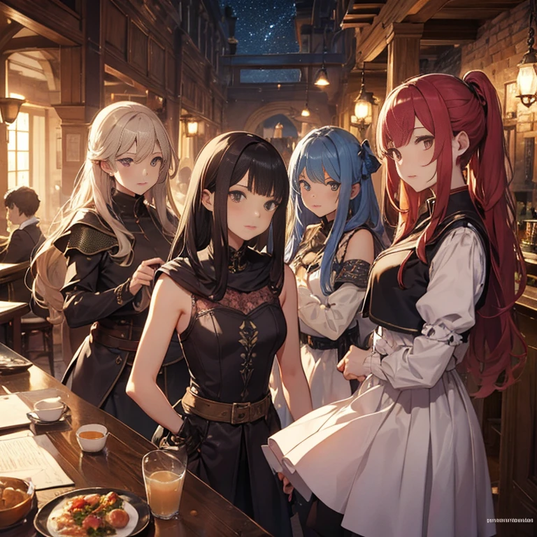 A group of  female medieval fantasy adventurers, (in tavern), various hair styles, harem, night, details face, seducing, sleeveless, armor 