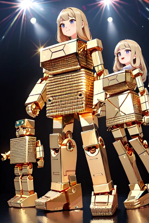 Three Gold Lightans,
 robot,
 Everyone has a different body shape and height,
 All of the faces are those of cute teenage human girls.,　
 (highest quality, masterpiece, Raw photo,full body shot, group selfie),
 Everyone is watching the audience,
 Everyone smiling