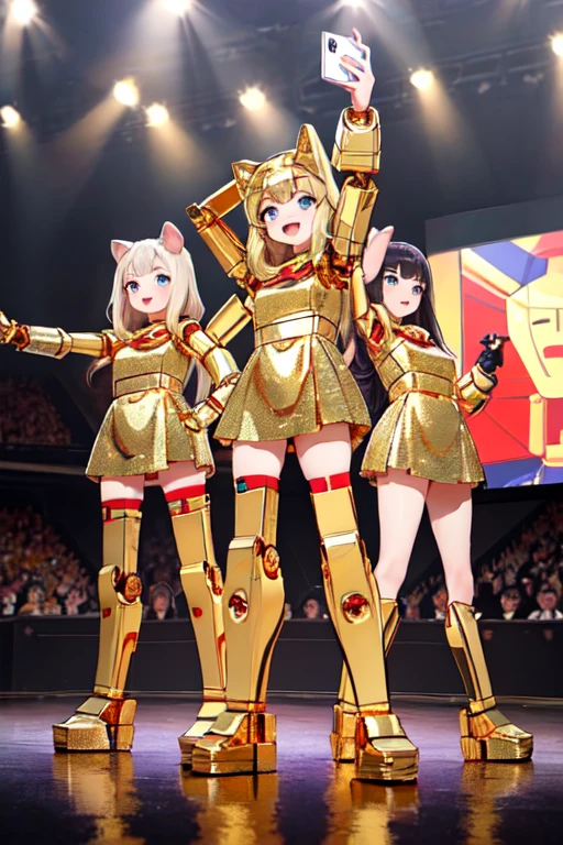 Three Gold Lightans,
robot,
Everyone has a different body shape and height,
All of the faces are those of cute teenage human girls.,
(highest quality, masterpiece, Raw photo,full body shot, group selfie),
Everyone is watching the audience,
Everyone smiling