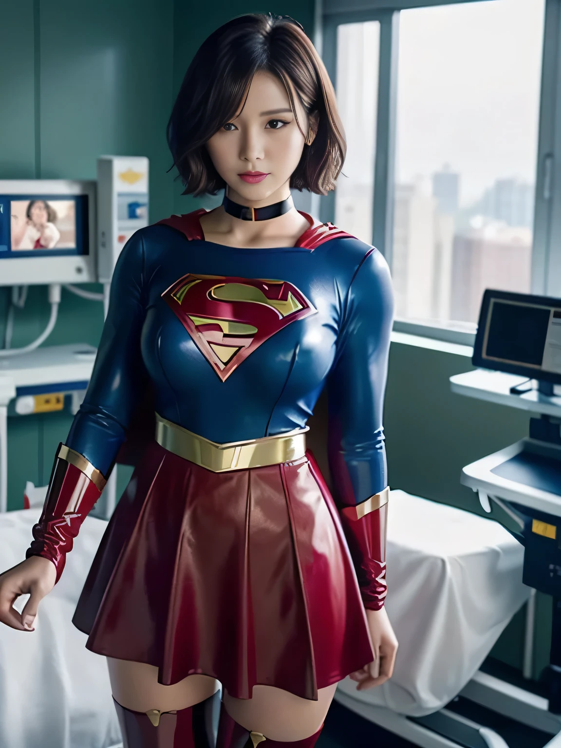 masterpiece、Short-haired Supergirl shows off her thighs on a hospital operating table、Crisis situation、big and full breasts、look at the camera、shiny enamel costume、Gorgeous red enamel long boots、Shiny Red Skirt、choker、long sleeve、Fluttering cloak、seductive gesture、sexy pose、
