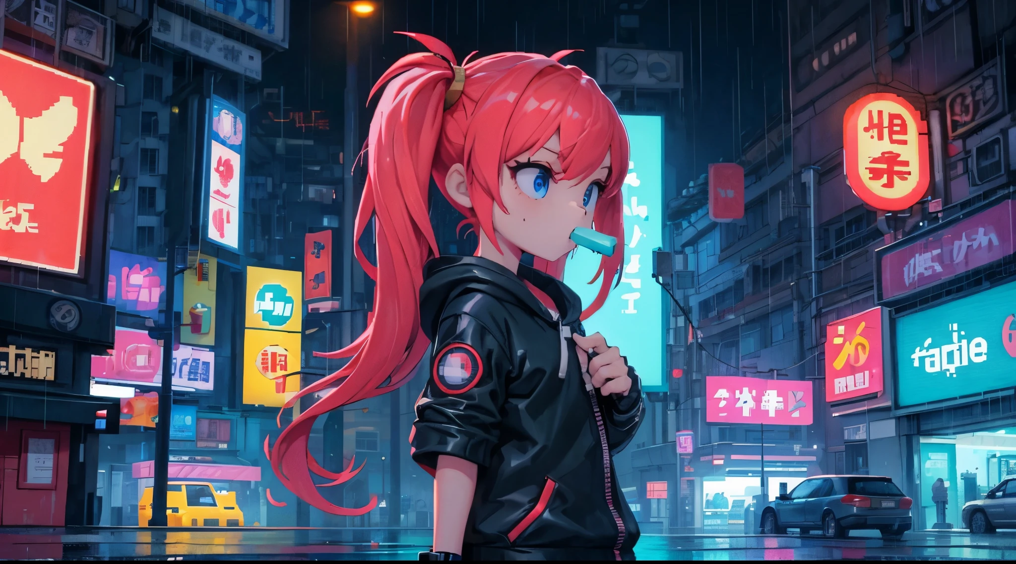 (pixel art_1.1)1girl,long hair,twintails,red hair,blue eyes,Night,Street,Kitten,Small puddle,Rain,Neon Light,Hong Kong,Cyberpunk,Eating Popsicles,Insert pocket,Strap,green hood,fingerless gloves,zipper