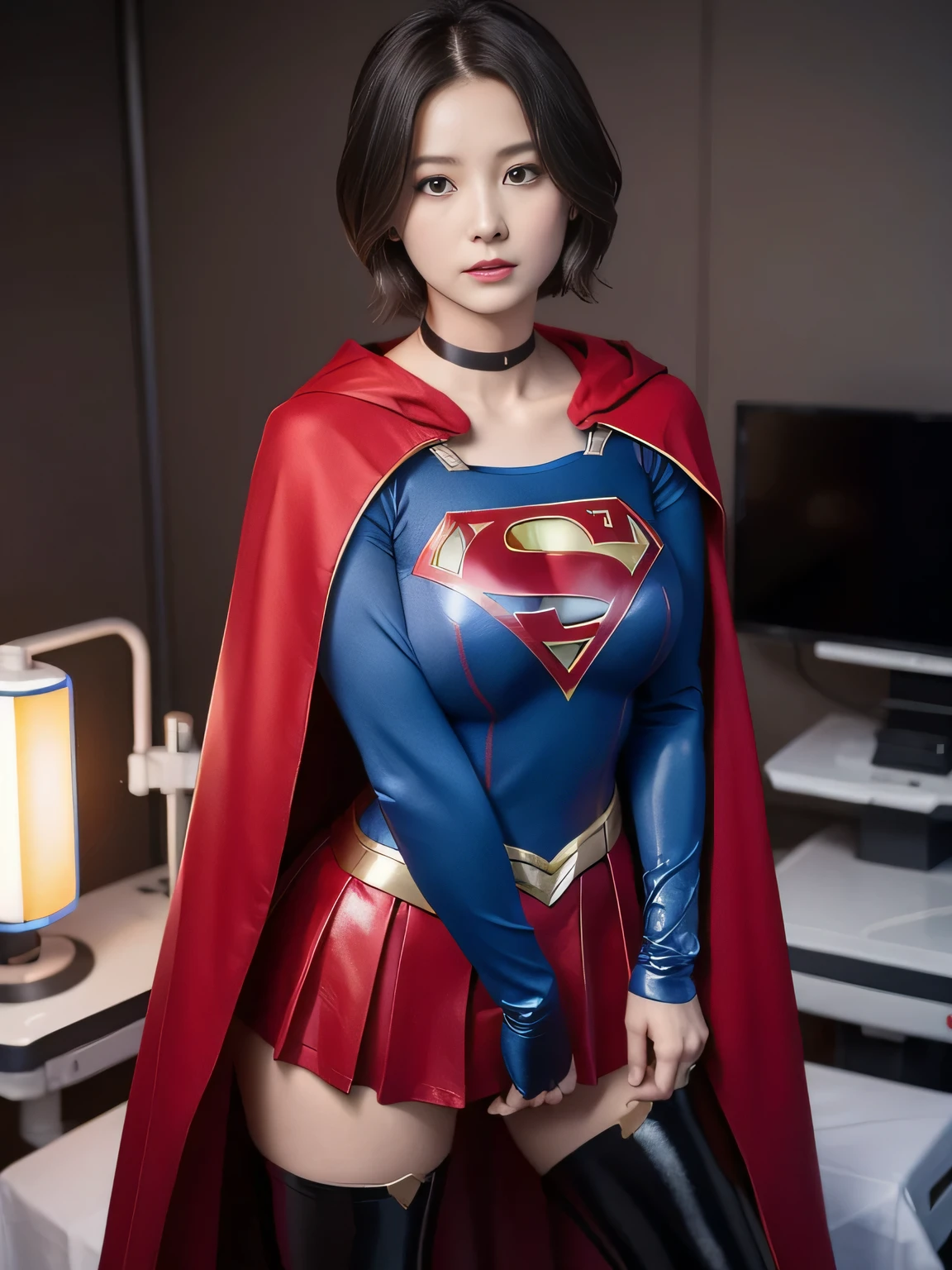 masterpiece、Short-haired Supergirl shows off her thighs on a hospital operating table、Crisis situation、big and full breasts、look at the camera、shiny enamel costume、Gorgeous red enamel long boots、Shiny Red Skirt、choker、long sleeve、Fluttering cloak、seductive gesture、sexy pose、