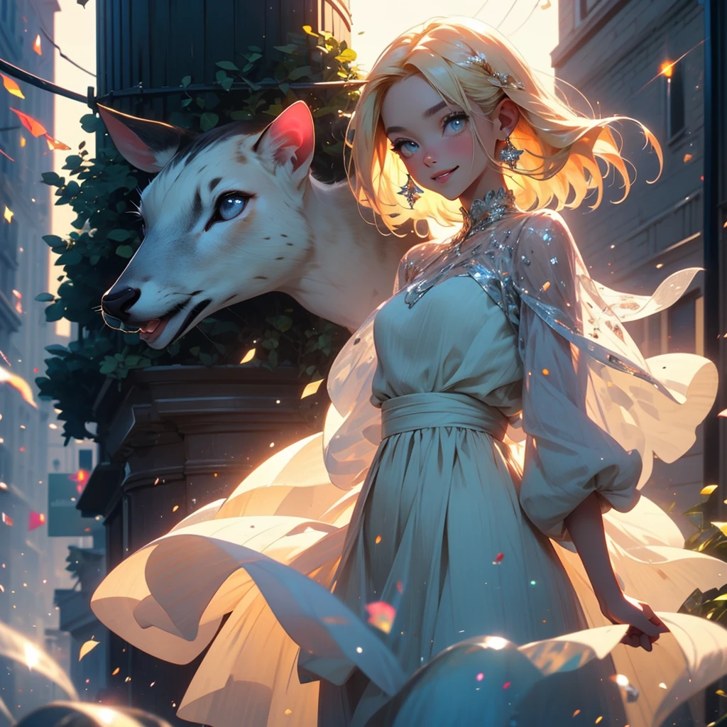 (deer:1.1), (charming:women:1.1), (beauty:1.3), (blonde:bob:1.1), (vivid colors), (ethereal:medium), (flowing:outfit), (sheer,translucent,breezy:0.9), (billowing,floating:0.9), (blue:1.1), (long,airy:0.9) (dress,skirt:1.1), (full,luscious:lips:1.1), (delightful,expressive:1.1), (smiling,happily,joyfully:1.2), (enchanting,sparkling:detailed eyes), (playful,sweet:1.2) (cat:kitty,kitten:1.1), (adorable:1.1), (suburban:neighbourhood), (sunlit,calm:1.1)