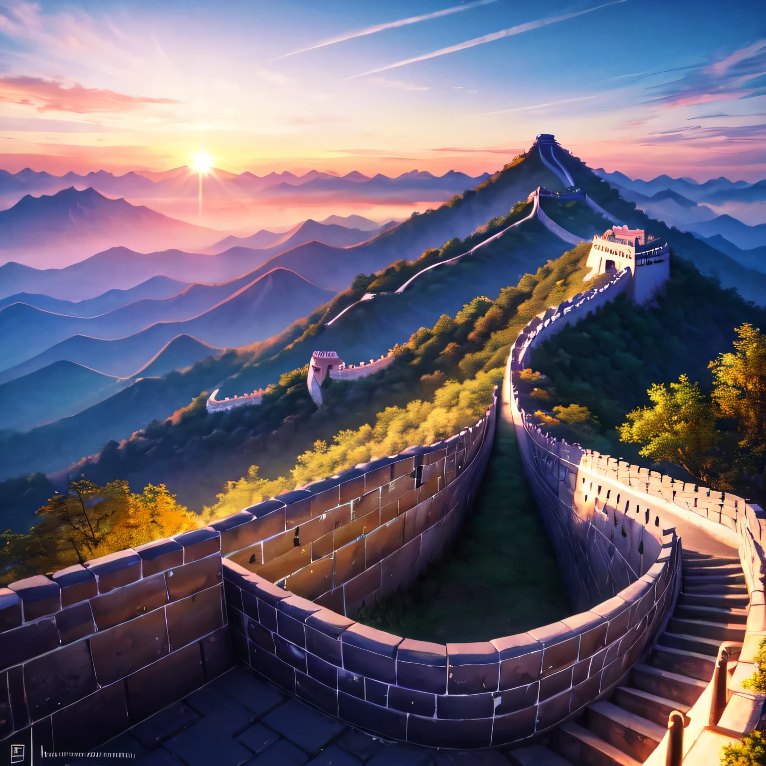 (number), (best quality), Beijing, The majestic Great Wall, best quality, masterpiece, High Painting, ink bisim, wuchangshuo, bonian, zhenbanqiao, Badar Mountain Man, mountain climbing horizon, river, forest, village, Sunset, Popular Deviant Art, Hyperrealistic 8k, pastel colors, soft light, prime time, calm atmosphere, horizontal