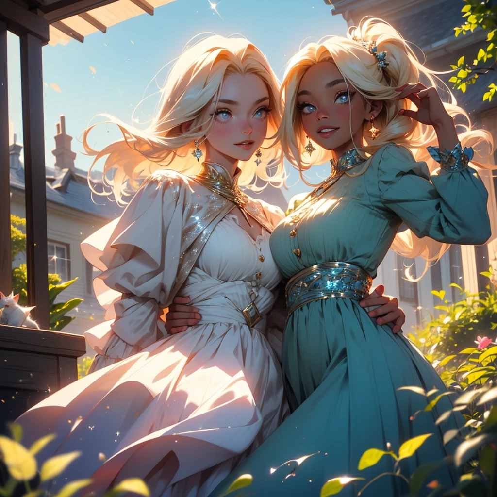 (deer:1.1), (charming:women:1.1), (beauty:1.3), (blonde:bob:1.1), (vivid colors), (ethereal:medium), (flowing:outfit), (sheer,translucent,breezy:0.9), (billowing,floating:0.9), (blue:1.1), (long,airy:0.9) (dress,skirt:1.1), (full,luscious:lips:1.1), (delightful,expressive:1.1), (smiling,happily,joyfully:1.2), (enchanting,sparkling:detailed eyes), (playful,sweet:1.2) (cat:kitty,kitten:1.1), (adorable:1.1), (suburban:neighbourhood), (sunlit,calm:1.1)