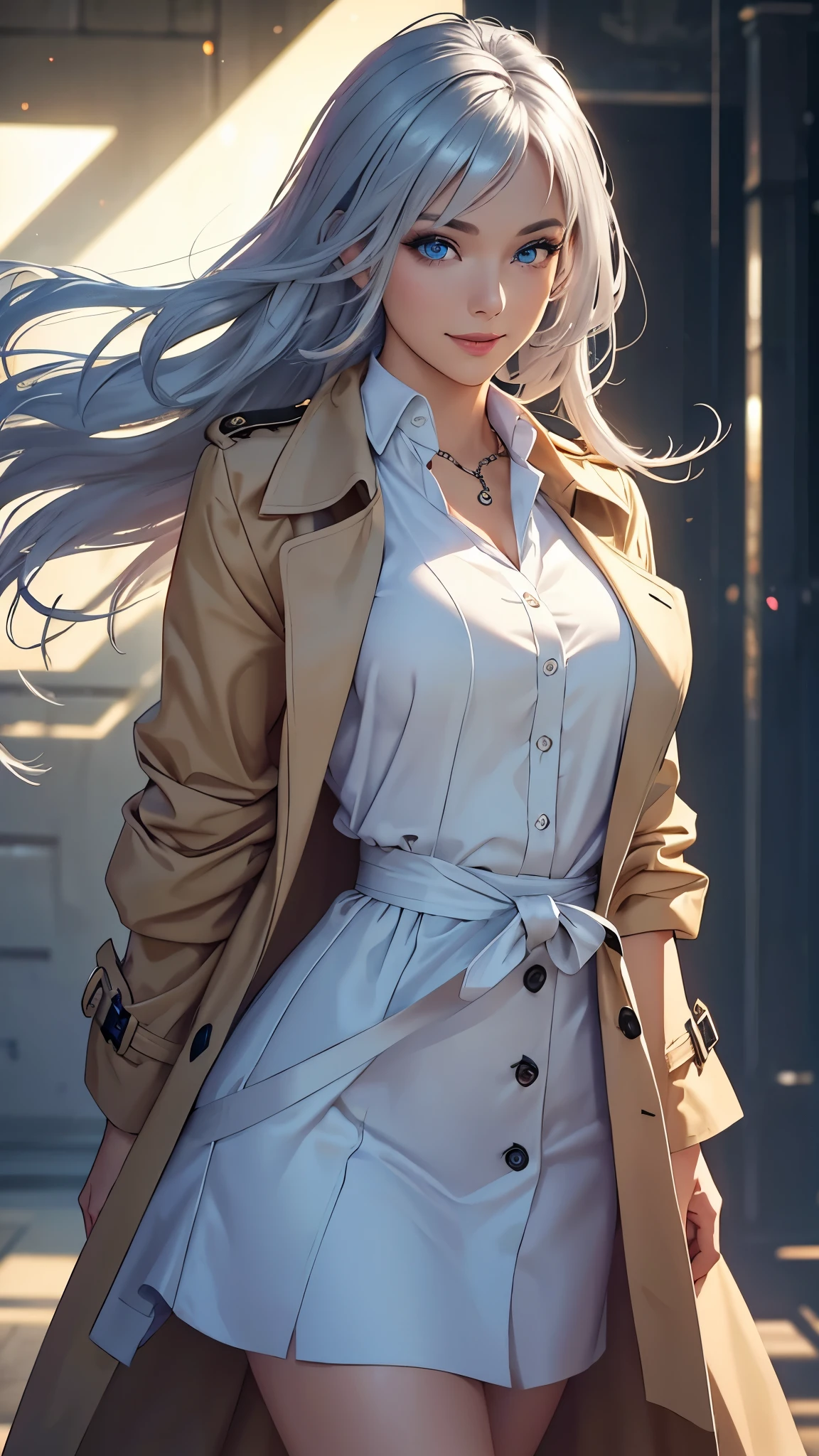 (best quality,ultra-detailed,photo-realistic:1.37),bright and vibrant colors,studio lighting,playful expression,stylish makeup,Trench Coat,Silver hair flowing in the wind,alluring eyes,glossy lips,sexy pose, smiling in a confident and seductive way,posing for a professional photoshoot,shallow depth of field,highlighting the main subject,soft natural lighting,creating a dreamy and magical atmosphere.