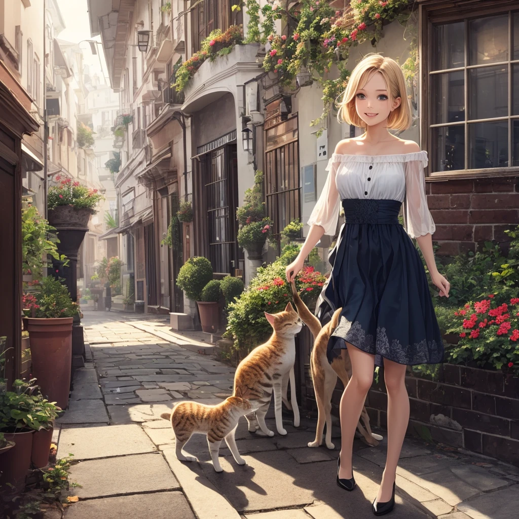 (deer:1.1), (charming:women:1.1), (beauty:1.3), (blonde:bob:1.1), (vivid colors), (ethereal:medium), (flowing:outfit), (sheer,translucent,breezy:0.9), (billowing,floating:0.9), (blue:1.1), (long,airy:0.9) (dress,skirt:1.1), (full,luscious:lips:1.1), (delightful,expressive:1.1), (smiling,happily,joyfully:1.2), (enchanting,sparkling:detailed eyes), (playful,sweet:1.2) (cat:kitty,kitten:1.1), (adorable:1.1), (suburban:neighbourhood), (sunlit,calm:1.1)