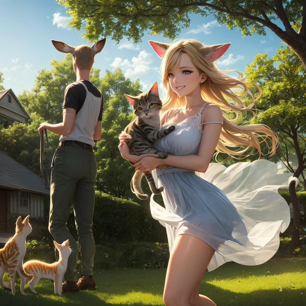 (deer:1.1), (charming:women:1.1), (beauty:1.3), (blonde:bob:1.1), (vivid colors), (ethereal:medium), (flowing:outfit), (sheer,translucent,breezy:0.9), (billowing,floating:0.9), (blue:1.1), (long,airy:0.9) (dress,skirt:1.1), (full,luscious:lips:1.1), (delightful,expressive:1.1), (smiling,happily,joyfully:1.2), (enchanting,sparkling:detailed eyes), (playful,sweet:1.2) (cat:kitty,kitten:1.1), (adorable:1.1), (suburban:neighbourhood), (sunlit,calm:1.1)