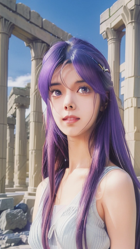 un gros plan d&#39;a woman with purple hair in front of a stone building, portrait chevaliers de la fille du zodiaque, chevaliers de la fille du zodiaque, Misato Katsuragi, Portrait de Megara, the smiling goddess Artemis, Gainax anime style, Gainax, remonter le moral, une image d&#39;Retro anime, 1 9 9 0's anime, Rei Hino en princesse