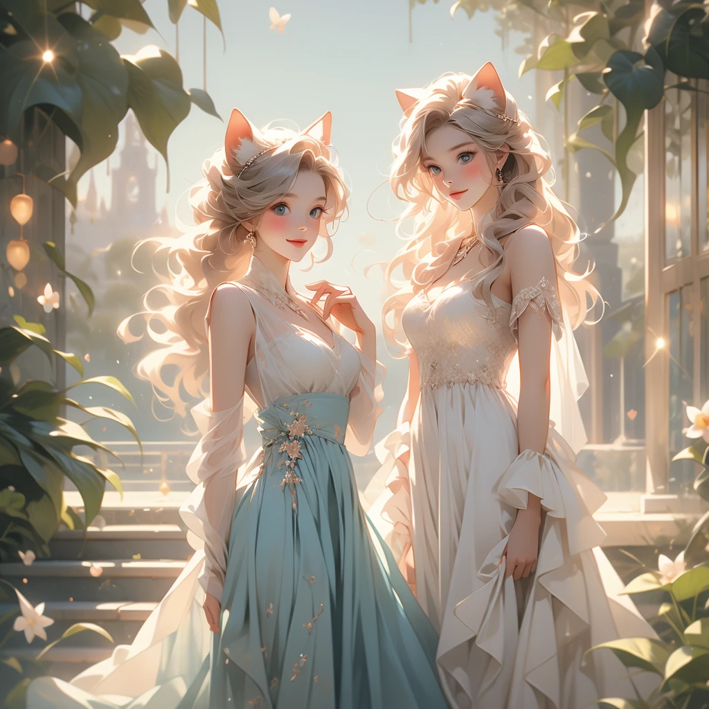 (deer:1.1), (charming:women:1.1), (beauty:1.3), (blonde:bob:1.1), (vivid colors), (ethereal:medium), (flowing:outfit), (sheer,translucent,breezy:0.9), (billowing,floating:0.9), (blue:1.1), (long,airy:0.9) (dress,skirt:1.1), (full,luscious:lips:1.1), (delightful,expressive:1.1), (smiling,happily,joyfully:1.2), (enchanting,sparkling:detailed eyes), (playful,sweet:1.2) (cat:kitty,kitten:1.1), (adorable:1.1), (suburban:neighbourhood), (sunlit,calm:1.1)