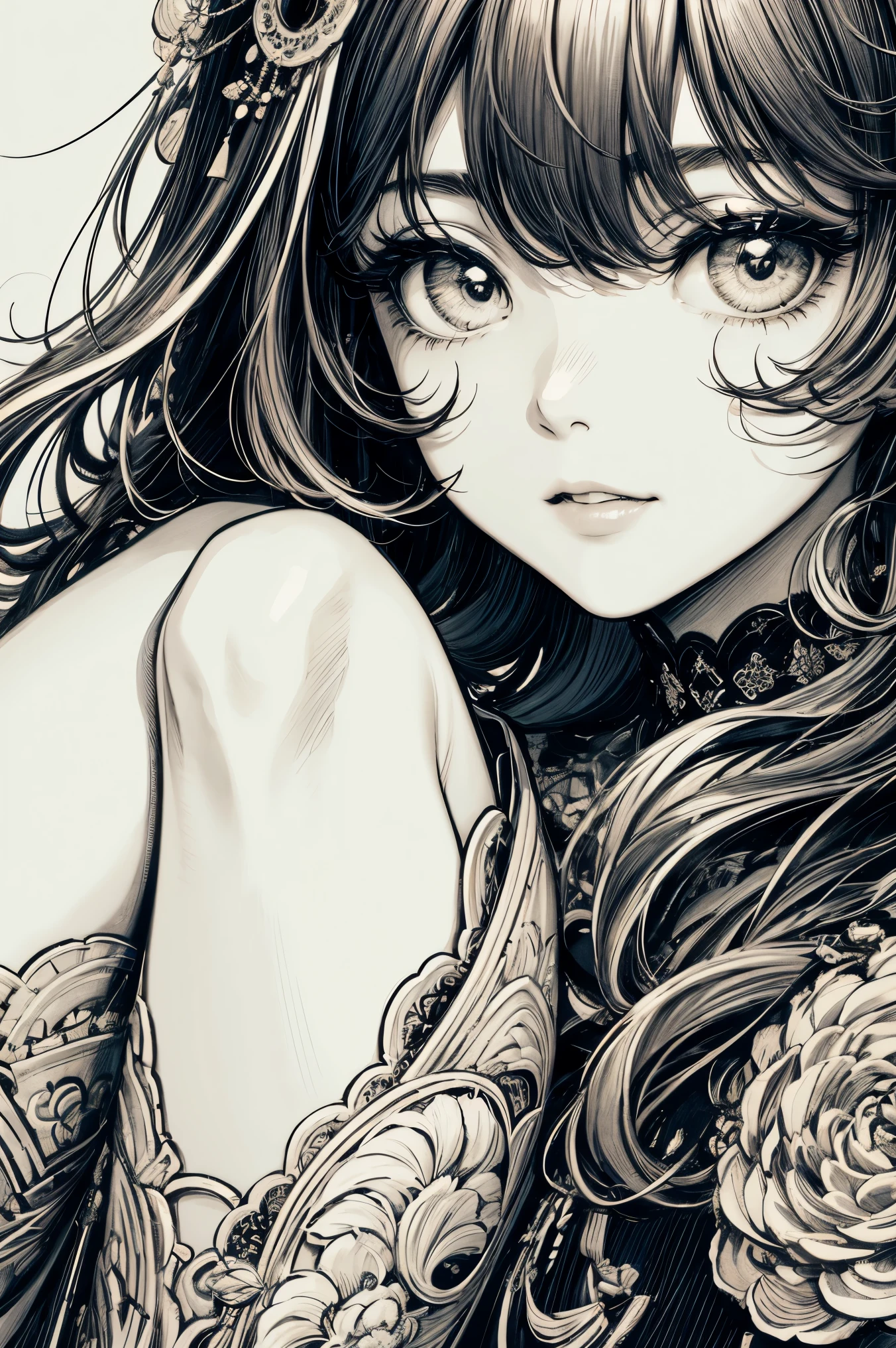 with a girl、(masterpiece、highest quality、official art、Cosmetology and aesthetics:1.2)、(超detailedな)、detailed、best illustrations、hand-paintedhigh-quality、(high contrast)、(clean lines:1.3)、(line drawing)、line drawing、(complicated lines)、(roller:さらにdetailedを追加:0.5),Rigne Clair、fractal art、pen drawing、、(Portrait、from the knees up、very close up:1.1)、,Wraparound configuration, , Japanese style ,(intricate details),(Colorful),High resolution,full body,