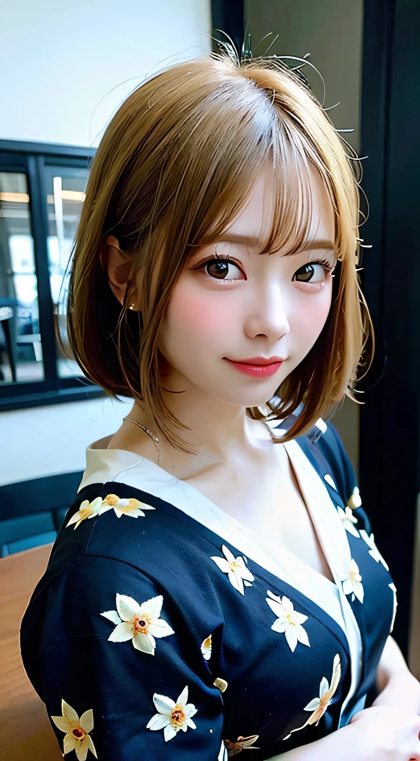 (8K, Raw photo:1.2), detailed face and eyes,最high quality, ultra high resolution, very detailed ,intricate details ,table top ,pretty girl , soft light like a movie, hyper detail,sharp focus, high quality, blonde hair, bob cut, yukata, chest comes out