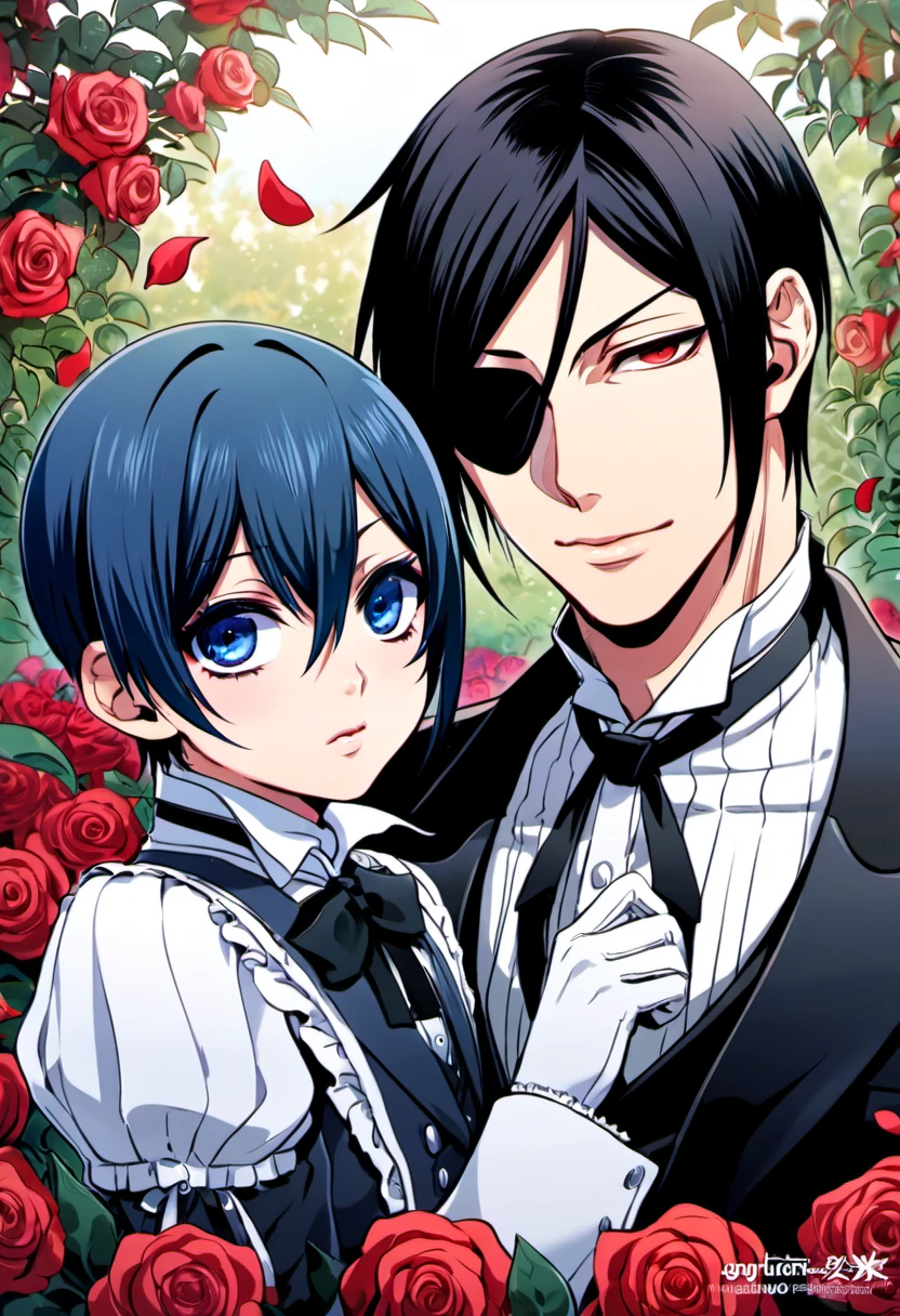 Ultra detailed, highres, absurdres, HDR, Sebastian Michaelis, black hair, red eyes, Ciel Phantomhive, blue hair, blue eyes, black eye patch, Kuroshitsuji, handsome, white gloves, garden, red petals, red roses, black butler clothes, 2 men together, gay couple