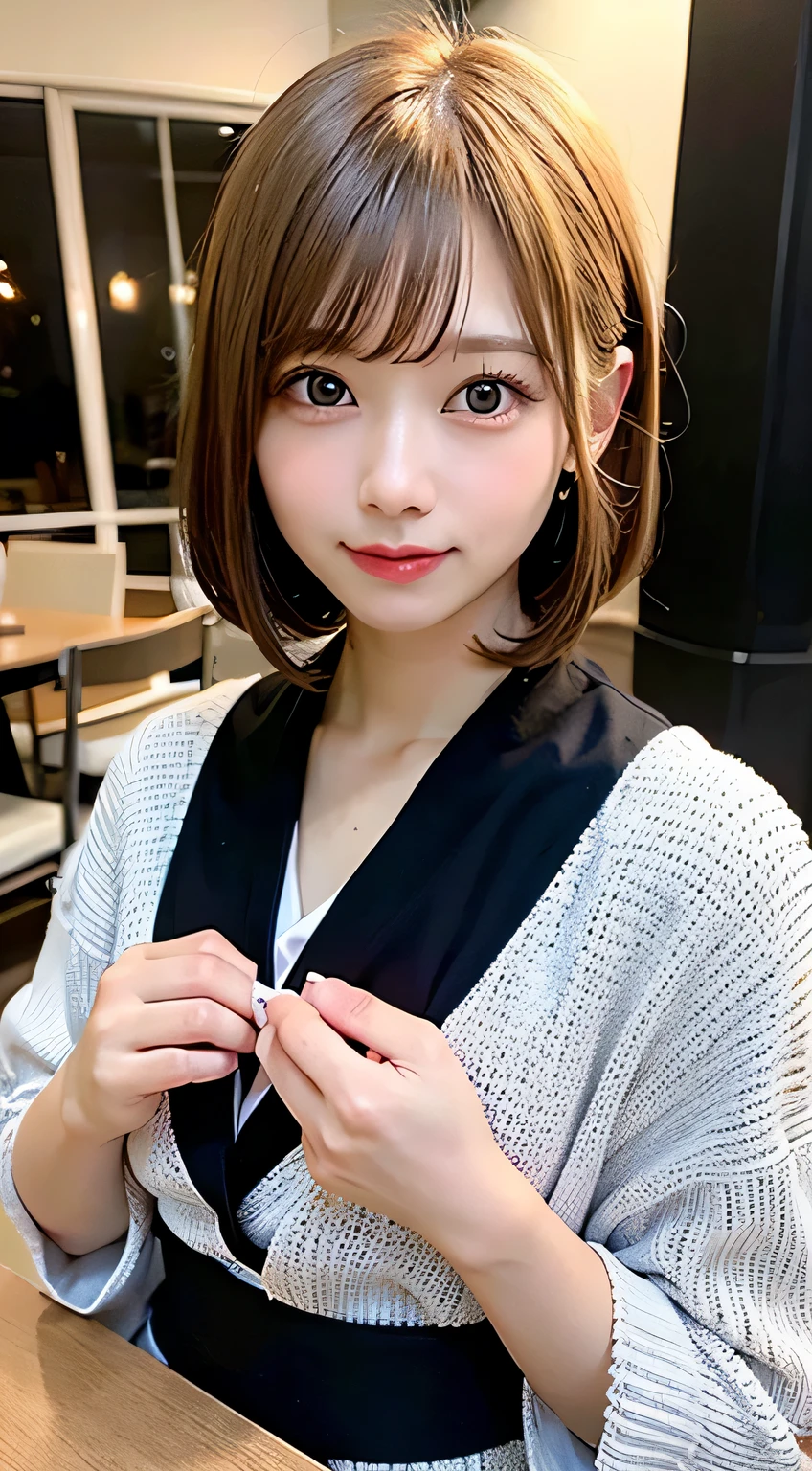 (8K, Raw photo:1.2), detailed face and eyes,最high quality, ultra high resolution, very detailed ,intricate details ,table top ,pretty girl , soft light like a movie, hyper detail,sharp focus, high quality, blonde hair, bob cut, yukata, chest comes out