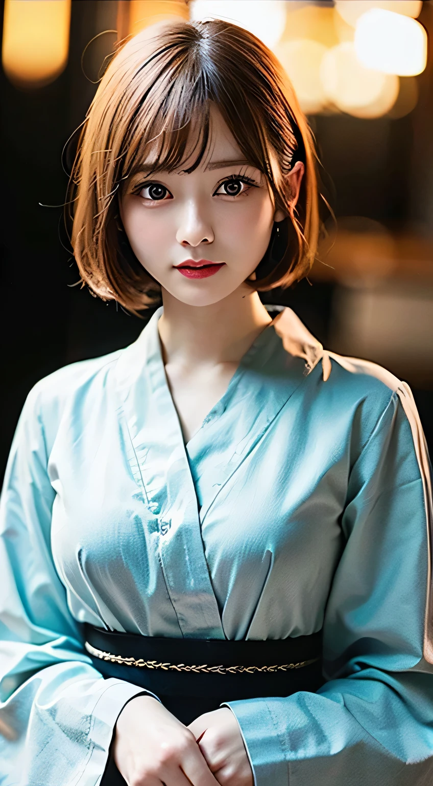 (8K, Raw photo:1.2), detailed face and eyes,最high quality, ultra high resolution, very detailed ,intricate details ,table top ,pretty girl , soft light like a movie, hyper detail,sharp focus, high quality, blonde hair, bob cut, yukata, chest comes out