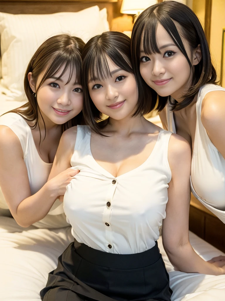 (8K,RAW photo,highest quality,masterpiece:1.8),erotic,white skin,(White sleeveless buttoned blouse:1.7),(Clothing that emphasizes the shape of your chest:1.7),(huge breasts:1.7),(slim body shape:1.7),ultra high resolution,beautiful,beautiful,(3 people:1.9),whole body,japanese woman,(Photoreal:1.37),reality,(smile:1.8),(checked mini skirt:1.7),Thin and beautiful legs,(thin waist:1.6),(love hotel:1.4),(Tempting Pose:1.5),(lying on the bed:1.4)