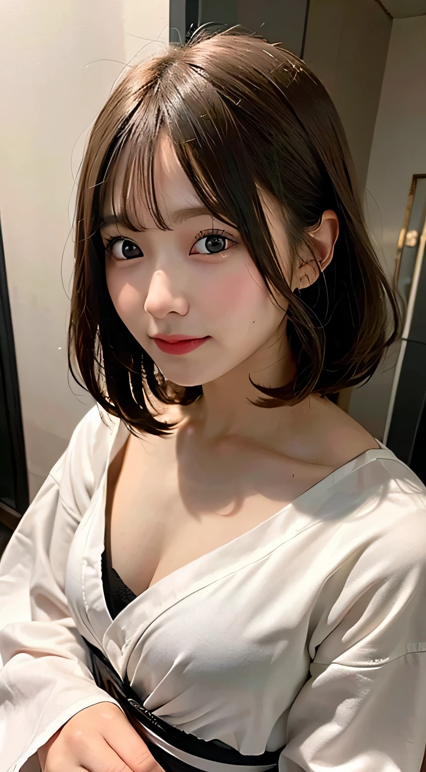 (8K, Raw photo:1.2), detailed face and eyes,最high quality, ultra high resolution, very detailed ,intricate details ,table top ,pretty girl , soft light like a movie, hyper detail,sharp focus, high quality, blonde hair, bob cut, yukata, chest comes out