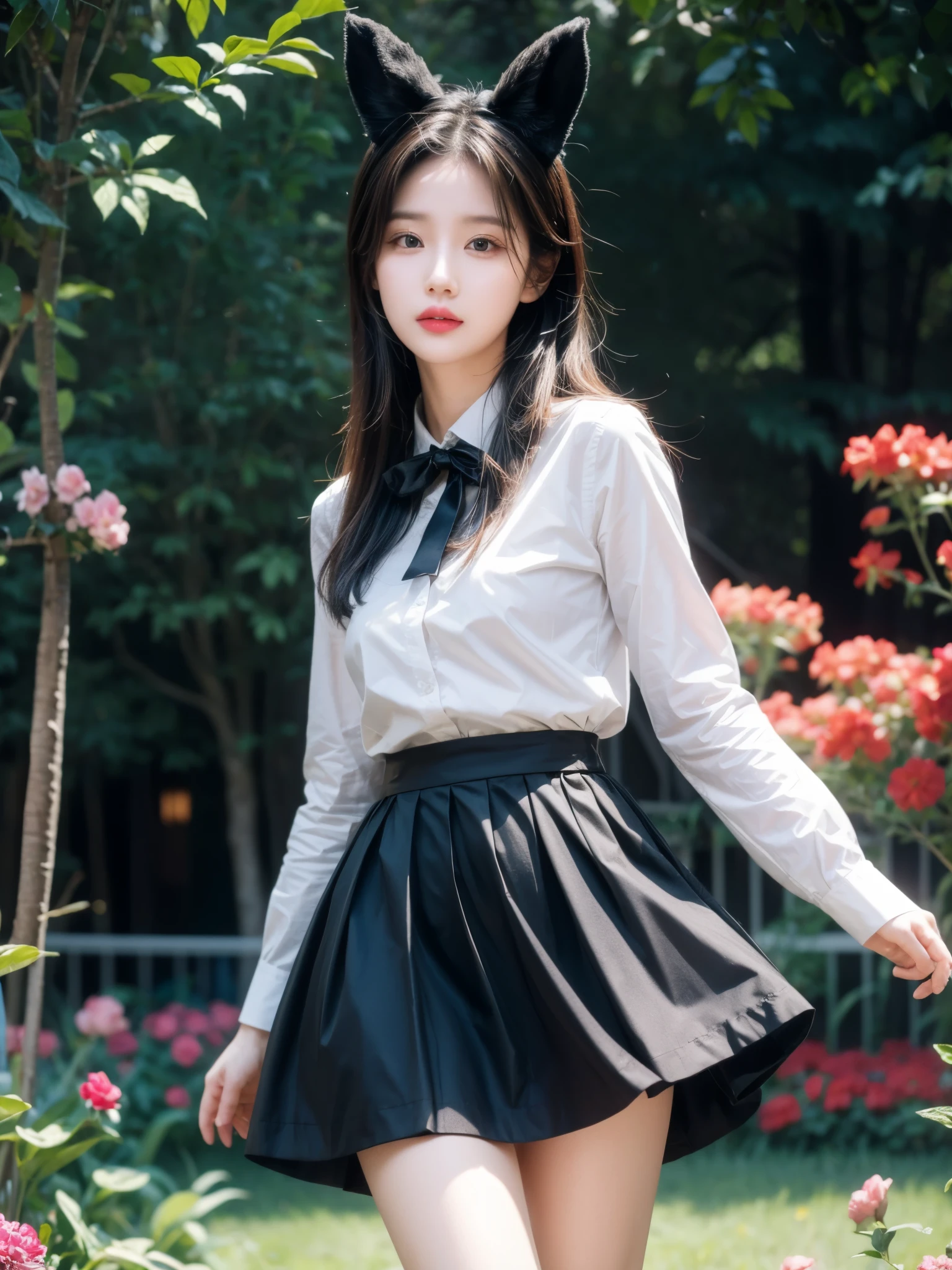 (masterpiece), (best quality), (highly detailed),black pantyhose, skirt, ears,standing, flower field,