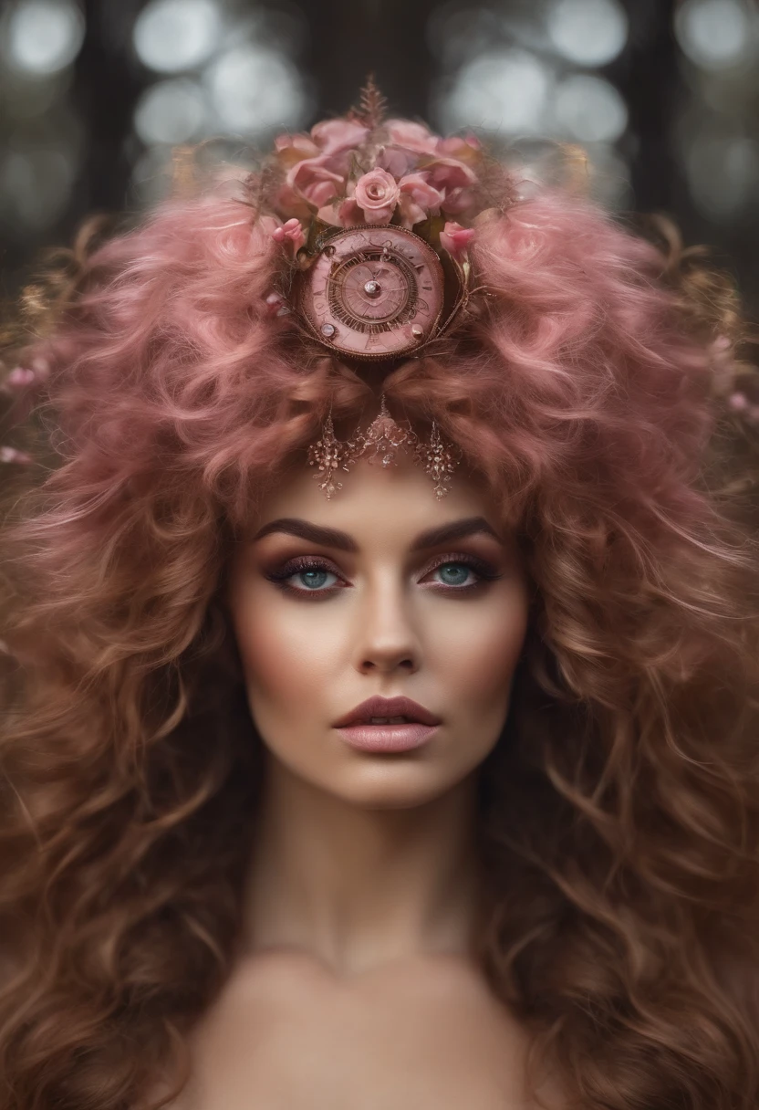 Melhor qualidade, obra de arte, tronco, mulher, cabelo loiro soprado pelo vento, olhos brilhantes, estilo nu steampunk, roupas finas, roupas rosa, cabelo rosa