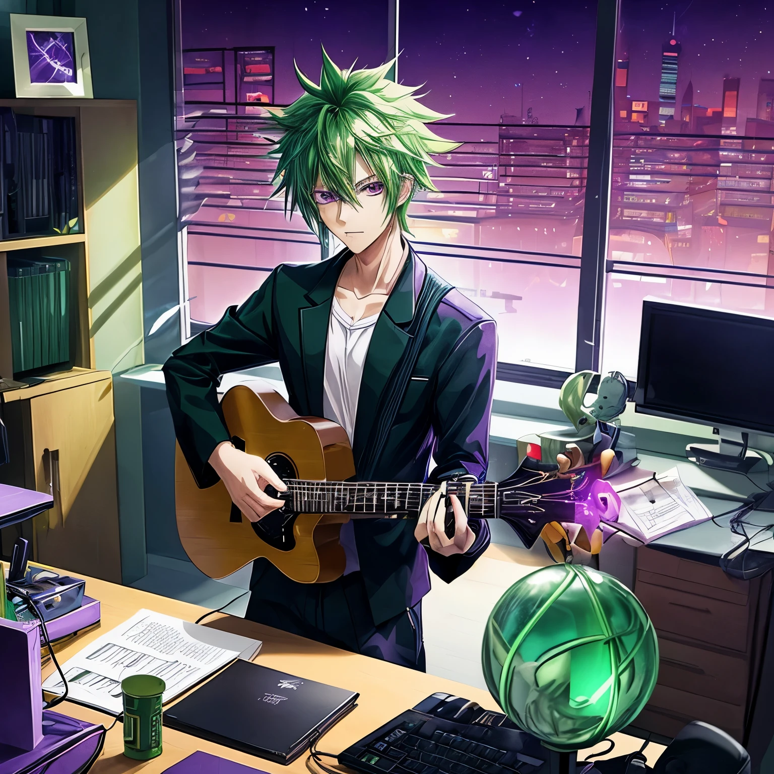 Male anime character with green hair holding a guitar sitting in dark room in a front of desk with computer, calender, clock, figurines and all electronic stuff. Purple lighting