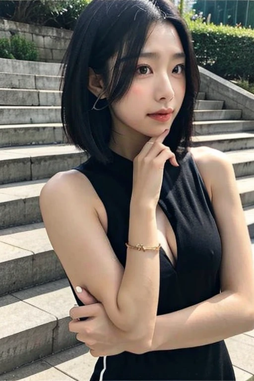 Black bob straight hair,Slender,Height: 170cm,beautiful woman,black dress,tight