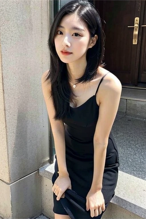 Black bob straight hair,Slender,Height: 170cm,beautiful woman,black dress,tight