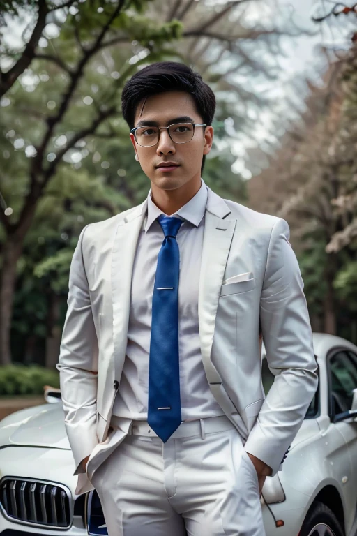 (One wears silver-white titanium alloy thin-rimmed glasses、Wearing a white shirt、Asian man in blue suit and tie, About 28 years old. Height 180 cm)、best quality、masterpiece、ultra high resolution、(Photo realism:1.4)、original photo、(Outdoor . One wears silver-white titanium alloy thin-rimmed glasses、Young handsome man in blue suit standing up、Standing under the red maple tree、Red and big maple leaves、delicate leaves、branch details)、(A white BMW car next to the man、Man's hands on car roof ) shadow、octane rendering、8K、Super sharp、realistic light、(There is only one car on the street、man's shining eyes、looking in the direction of the camera)、LED、Ultra high quality、 High、 gentleman、very beautiful hair、 bright photos、 As handsome as a model、 As handsome as an idol, Professional profile photo, Professional portrait photos、Realistic portrait photos, Detailed color portrait, Portrait of an idol, High quality portrait.