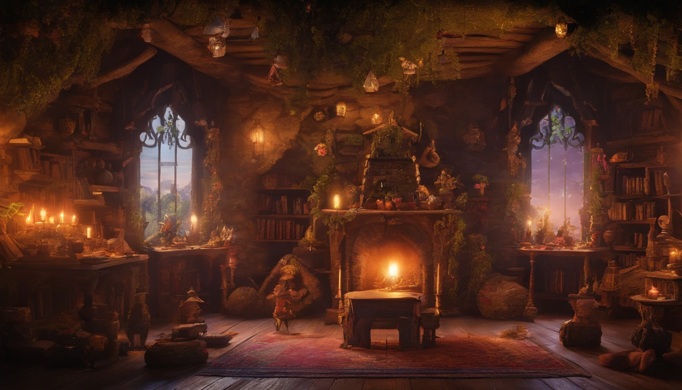 The living room of the fairy house at midnight, a rustic wooden sofa with handmade cushions and blankets, warm drinks on a table decorated with jewels and flowers, the soft light of a light fixture made of natural materials, a small bookcase in the corner of the room with ancient books and magical scrolls where knowledge and secrets lie, decorated with natural materials, jewels and flowers throughout the room, an atmosphere of fantasy and mystery. very realistic、photograph、one person perspective、super detail、high detail、high quality、8K、