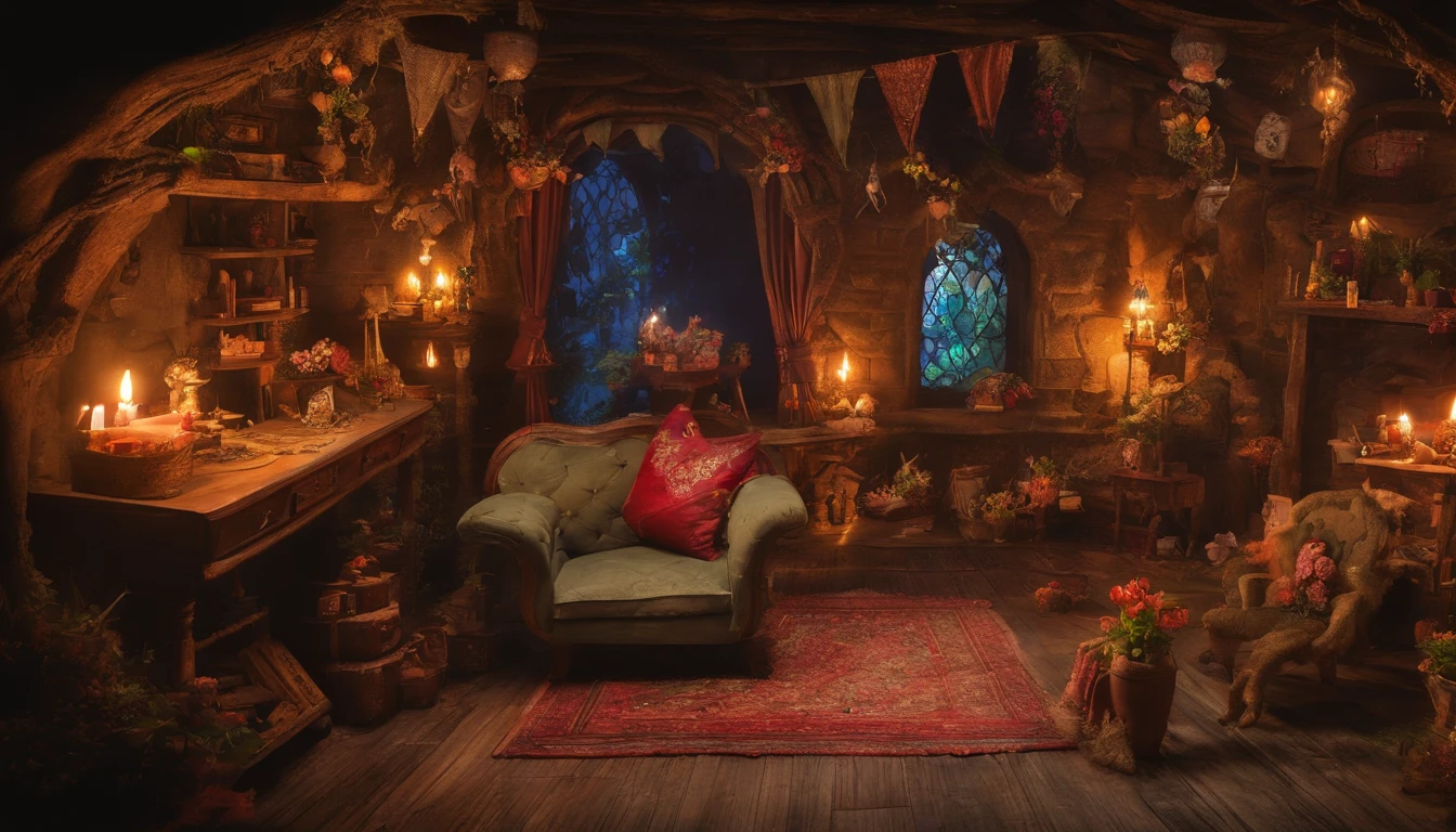 The living room of the fairy house at midnight, a rustic wooden sofa with handmade cushions and blankets, warm drinks on a table decorated with jewels and flowers, the soft light of a light fixture made of natural materials, a small bookcase in the corner of the room with ancient books and magical scrolls where knowledge and secrets lie, decorated with natural materials, jewels and flowers throughout the room, an atmosphere of fantasy and mystery. very realistic、photograph、one person perspective、super detail、high detail、high quality、8K、