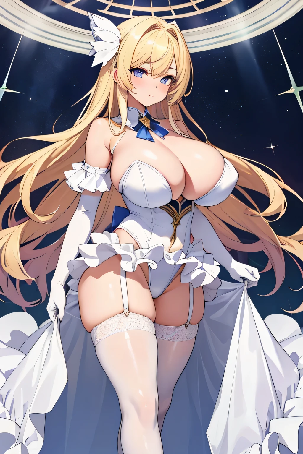 masterpiece, highest quality, very detailed,sexy woman,blonde hair,((huge breasts)),wide hips,crooked,detailed and beautiful eyes,break,ager magical girl transformation,high leg leotard,frills,white stockings,white elbow gloves,