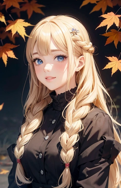 masterpiece、highest quality、High resolution、high quality images、8K, 1 female、skin luster、Texture of skin and clothing、Expression of fine eyes、Shiny bright golden hair,Girl with long braided hair, Manga inspired by Lee Jong-suk, trending on deviantart, realism, detailed manga style, manga art style, perfect line drawing, beautiful line drawing, digital manga art girl, K-POPアイドル, dress, beautiful blue eyes, plump lips, detailed gorgeous face, (cute smile), charm, innocent, Side view, (perfectly detailed face), (fine hands) photorealistic images, Depth of written boundary, Princess Hairstyles, autumn leaves, Tartan check dress,autumn leaves,美しいautumn leaves,romanticism,