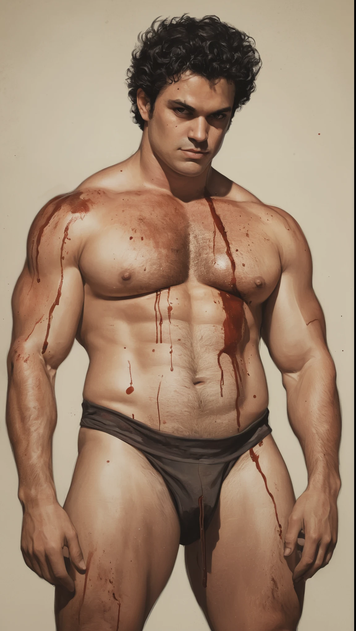 An illustrated movie poster, hand-drawn, full color, a male gluttony demon, 28 years-old, shirtless with blood stains, reddish skin, stocky physique, protruding belly, slightly chubby, deep brown eyes, wide bulbous nose, full lips, black hair, curly hair, thick bushy eyebrows, extremely hairy ?????, stomach, and arms, lots of body hair, surrounded by fire, hard shadows, graphite shading, stencil markings, airbrushed acrylic paint, masterpiece