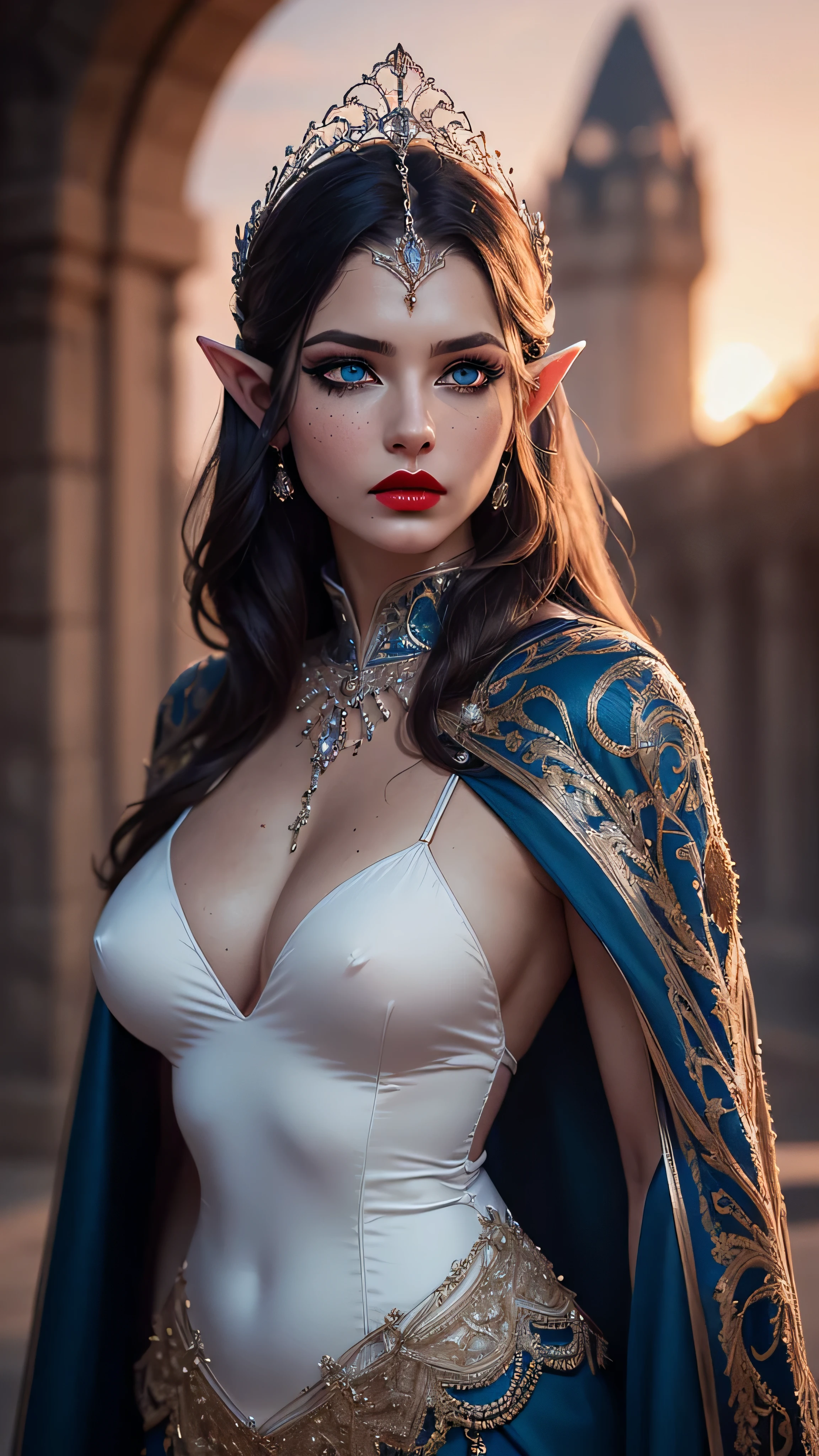 (masterpiece), (extremely intricate:1.5), (realistic), portrait of a muscular girl, ((((detailed mature 40year elven woman, ((blackout eye makeup, red lips, strong square cleft chin, arrogant, [small breasts:large breasts:0.3]), tiara, clear blue eyes, queen dress cloak robe, long straight dark hair), necklace, high collar))), freckles: 1.0), metal reflections, upper body, outdoors, intense sunlight, far away castle, professional photograph of a stunning woman detailed, sharp focus, dramatic, award winning, cinematic lighting, volumetrics dtx, (film grain, blurry background, blurry foreground, bokeh, depth of field, sunset, interaction), 8K