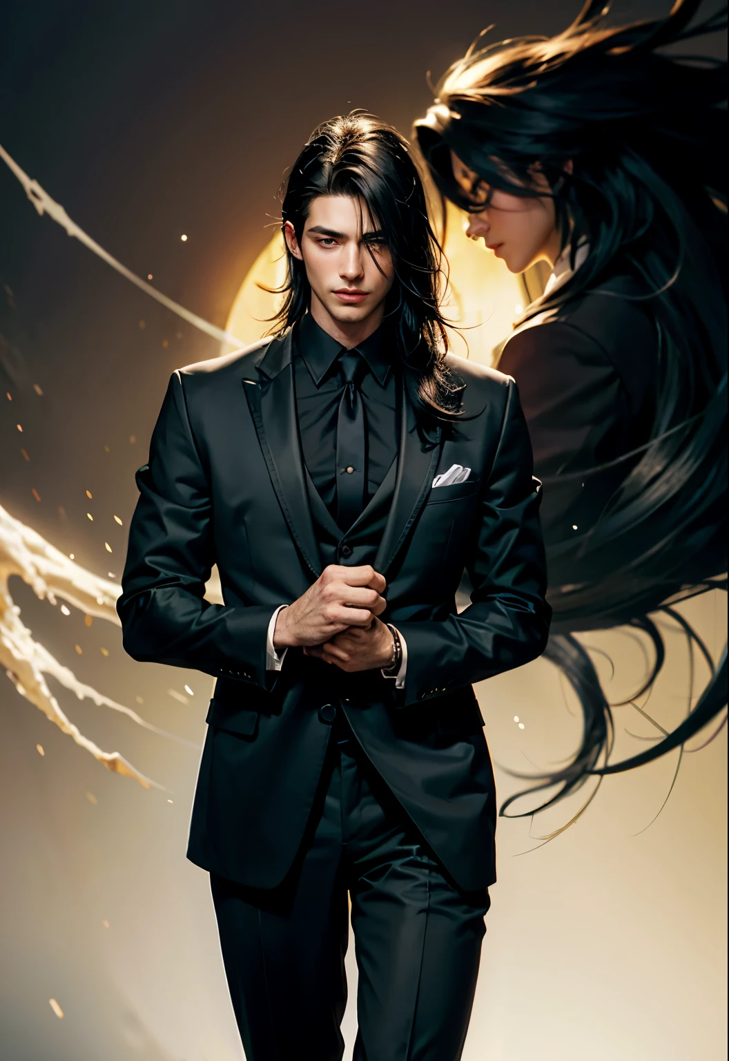 Man with long black hair, green eyes and wearing a suit, holding a knife, handsome, man, boy