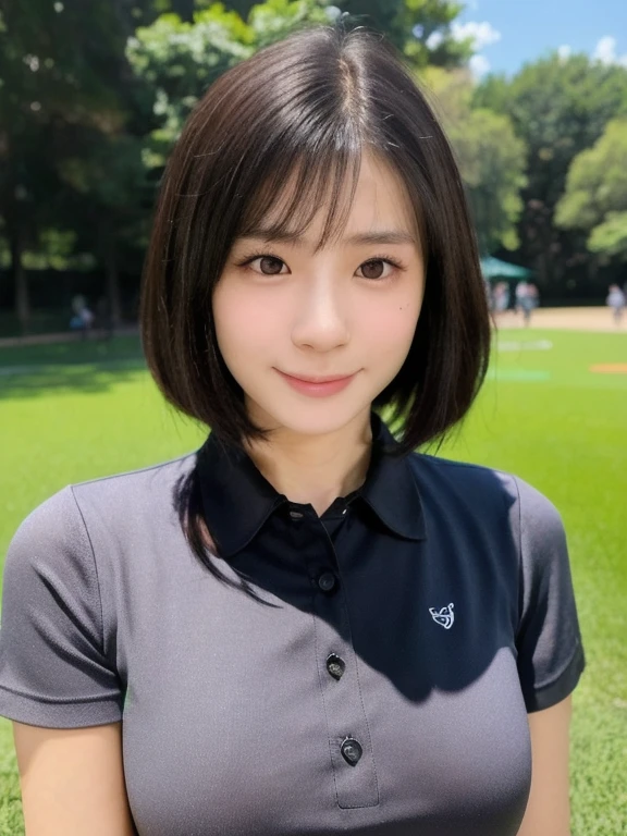 (kawaii 24 year-old Japanese girl, Nogizaka idol, Korean idol), healthy female athlete body, (glossy black hair, very short hair, symmetric hair length, even hair length:1.3), (bangs), messy hair edge, (rounded face, black eyes, single eyelid, no makeup, soft smiling:1.2), (wearing half sleeved open collared blouse, skinny jeans:1.3), flat chest, extra small breasts, (looking at viewer:1.2), BREAK, (turf in the park background:1.3), (dynamic angle:1.3), face focus, BREAK, (masterpiece, best quality, photo realistic, official art:1.4), (UHD, 8K quality wallpaper, high resolution, raw photo, golden ratio:1.2), (shiny skin), professional lighting, physically based rendering, award winning, (perfect anatomy, highly detailed skin, extremely detailed face and eyes), Carl Zeiss 85 mm F/1.4, depth of field, 1girl, solo,