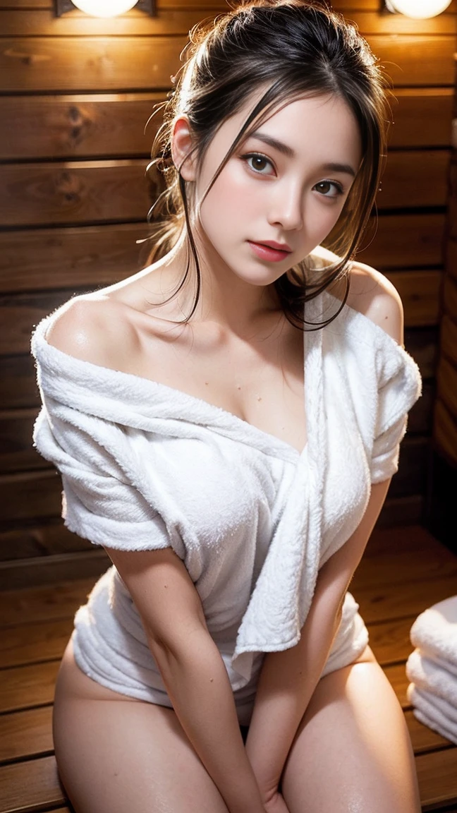 Sexiest towel wrap, She is wearing a towel after a shower, Different model poses, attractive body, professional photography, perfect face, fine eyes, Close-up, In the sauna bath, sitting, seductive looks