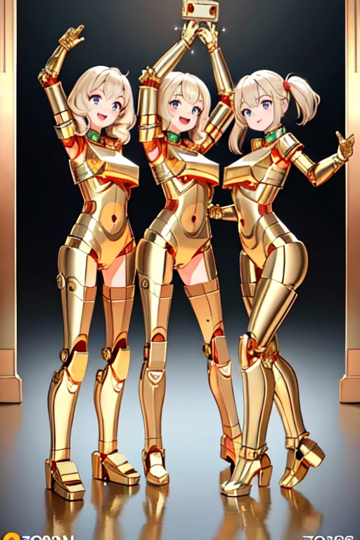 Three Gold Lightans, robot, Everyone has a different body shape and height, All beautiful and cute human girl faces,
 (highest quality, masterpiece, Raw photo,full body shot, group selfie), Everyone is showing off their bodies,
 Everyone smiling