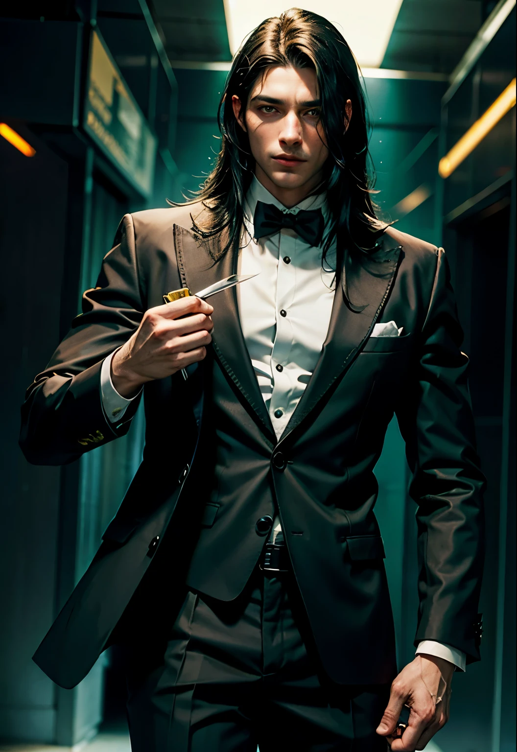 Man with long black hair, green eyes and wearing a suit, holding a knife, handsome, man, boy