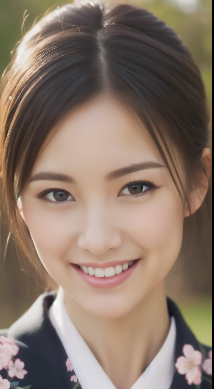 charming face of hostess、Floral Japan kimono、hiquality、A hyper-realistic、healthy、Smiling expression、Slender perfect figure、Japan Beauties、 perfect eyes beautiful skin、The upper part of the body、cherry blossom