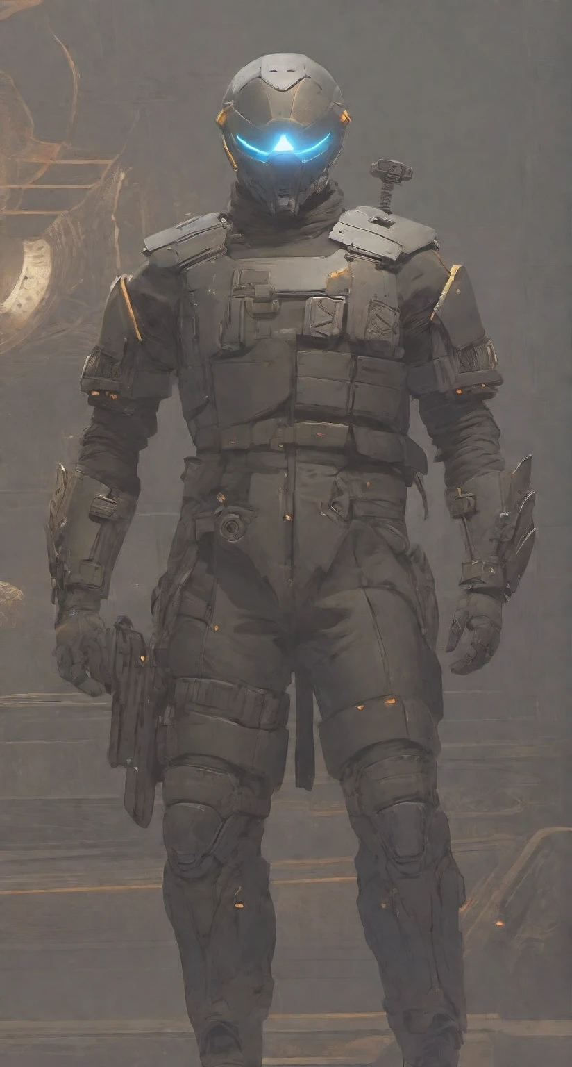 there is a man in a futuristic suit standing in a room, in a dark space mercenary outfit, black armored uniform, obsidians skin, stealth suit, gilded black uniform, full body x-force outfit, clothed in stealth armor, chrome outfit, full uniform, future soldier clothing, soldier outfit, streamlined matte black armor, intimidating full body armor a man in a helmet dressed in tactical armor, With a black cape,Shoulder pads, Knee pads, three throwing knives holstered on his arm, Pistol holstered on his leg(Best quality, 4k, Masterpiece :1.3), Cyberpunk, Background, Sci-fi landscape, (Black cape), ultra realistic 8k cg