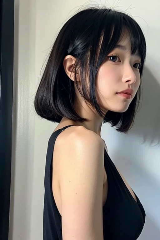 Black bob straight hair,Slender,Height: 170cm,beautiful woman,black dress,tight