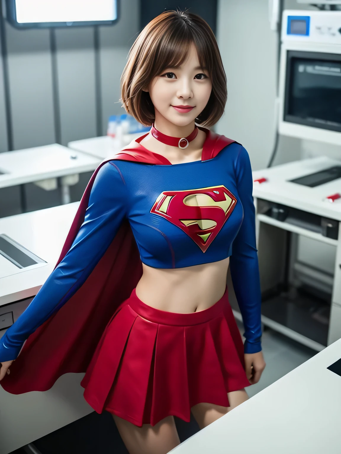 masterpiece、supergirl costume、short hair、operating table、victim、Slump down、big and full breasts、choker、long sleeve、red mini skirt、look at the camera、Messy Lab、Laboratory instrument、Inspection equipment、Medical equipment、Medical practice、Physical examination、born々New、Gorgeous New、seductive pose、off shoulder、model body shape、Oily Skin、charm、charming、exciting、