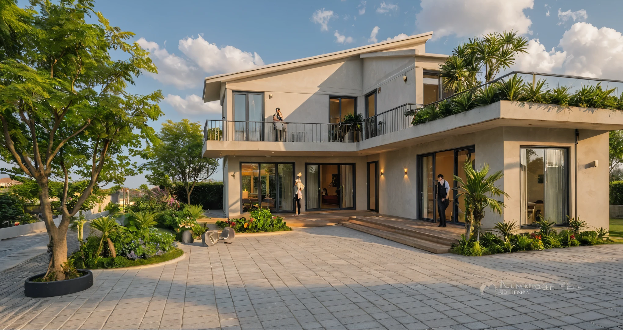 chef-d'artwork, high quality, best quality, authentique, Great detail, en plein air, villa de plain-piedXL, credit group, style de maison moderne dans la rue ,escaliers, mur blanc ,route,pavement, herbe, des arbres, ciel, nuage, (day light:1.1)