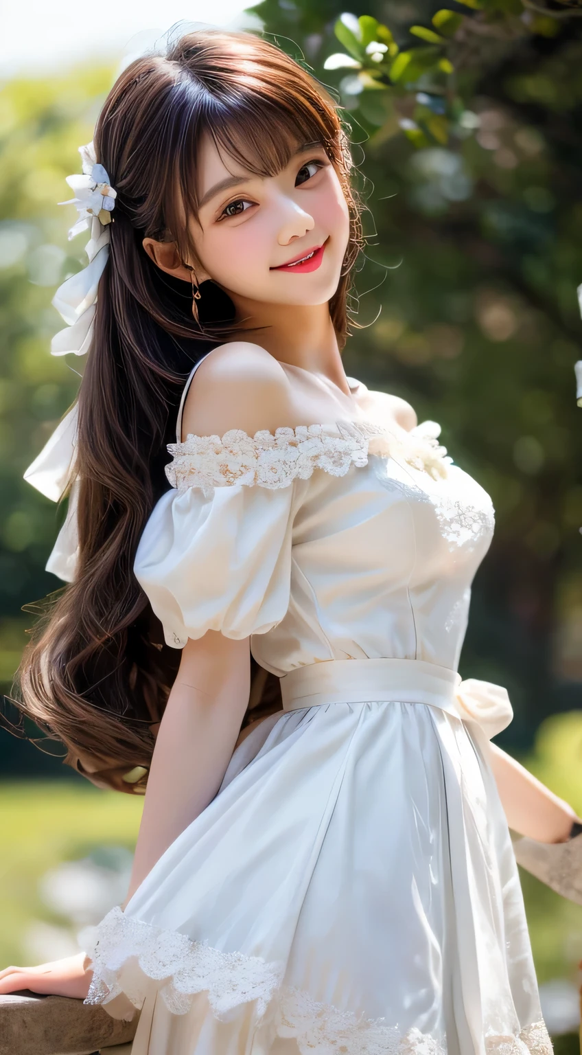 full body shot , dancing ,(Highest quality become familiar with:1.2), realistic, 8k eh, High resolution, fujifilm(medium format), hasselblad, carl zeiss, Incredible dynamic range photography(utility_art:Smooth-768:1.1), (1 girl:1.2), Super become familiar with, high quality texture, intricate details, become familiar with, Very become familiar with CG, high quality shadows, become familiar with beautiful and delicate face, Beautiful details and delicate eyes, Depth of written boundary, ray tracing, 16 years old, cute japanese girl, narrow side, glossy lips, glow eyes, perfect body, look at the audience, (jewelry/accessories), (Eye color is brown), (red flower hair ornament), (white long hair), (layered hairstyles), (Black Gothic Lolita), White flowers bloom all over the wall,smile, Be sure to add details in the 服, whole body,full body shot,Covering the face with hands ,marble,blue sky, dancing ,jumping,peekaboo